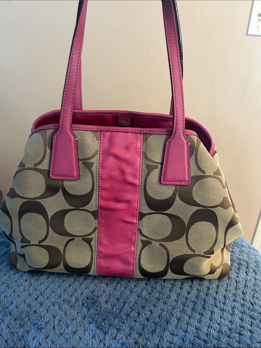 Vintage Coach Signature Stripe Framed Kisslock Carryall Satchel